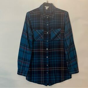 Women's Cato Plaid Blue and Black Long Sleeve Button Down Shirt Size S